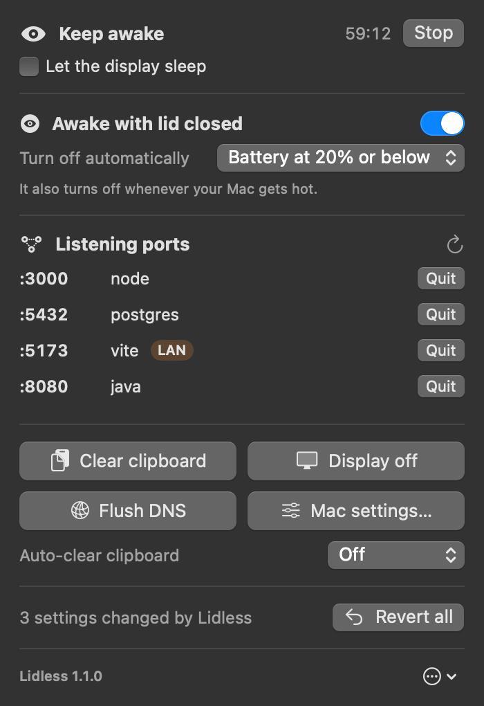The Lidless panel: keep awake with 59 minutes left, awake with lid closed on, four listening ports, quick actions, and three changed settings ready to revert