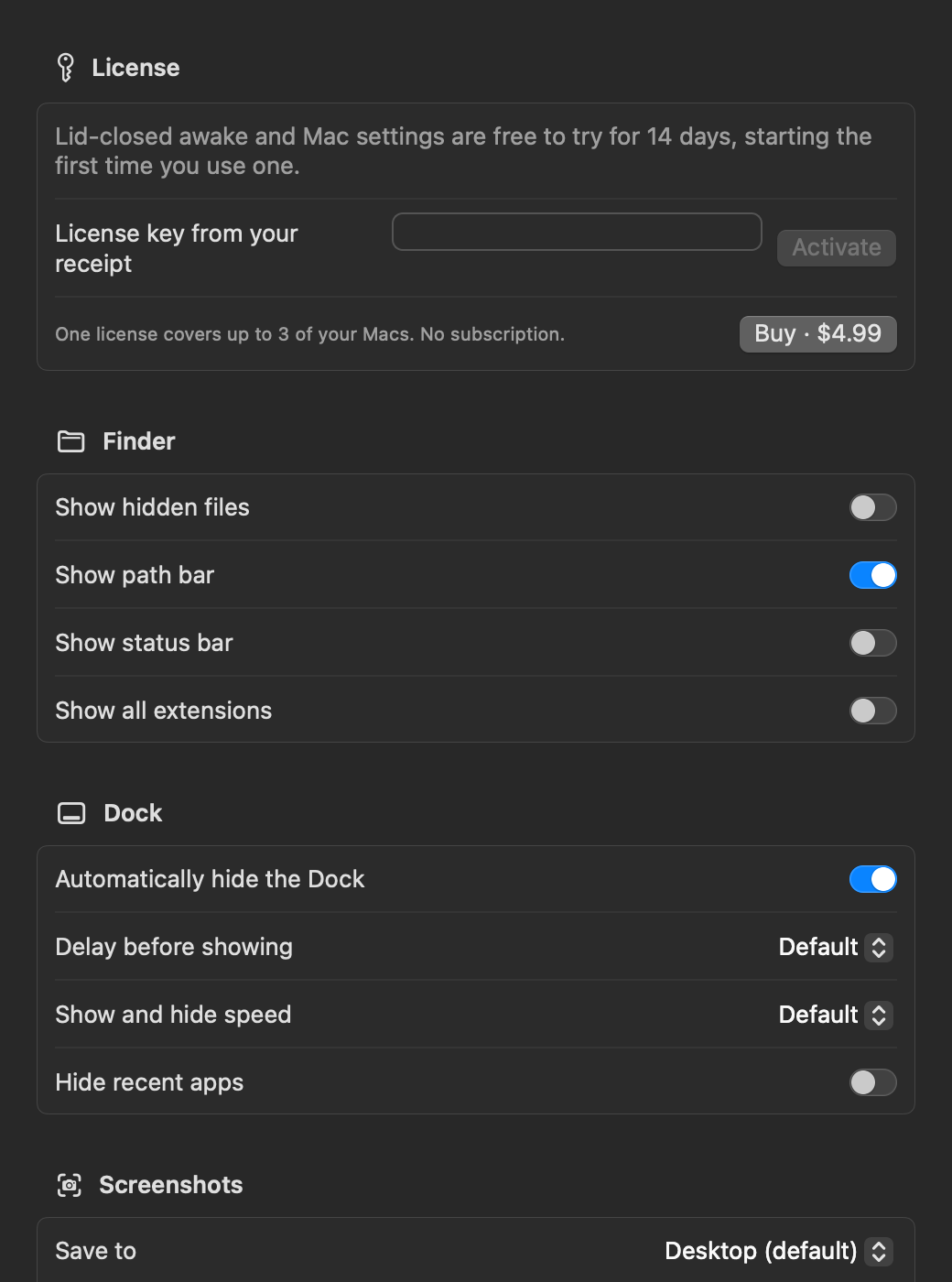 The Lidless Mac Settings window listing Finder, Dock, screenshot and keyboard settings